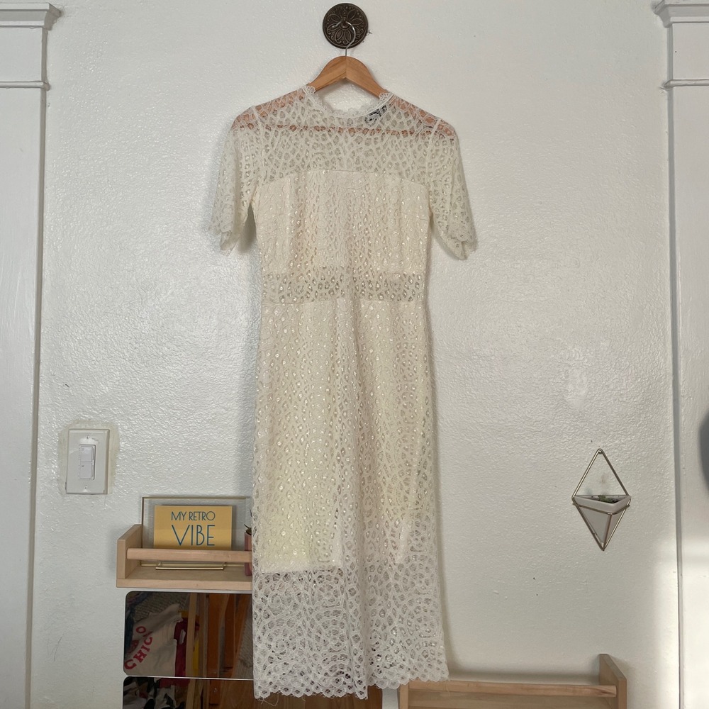 Love X Design Cream White Floral Lace Midi Sheath Dress Short Sleeve Small